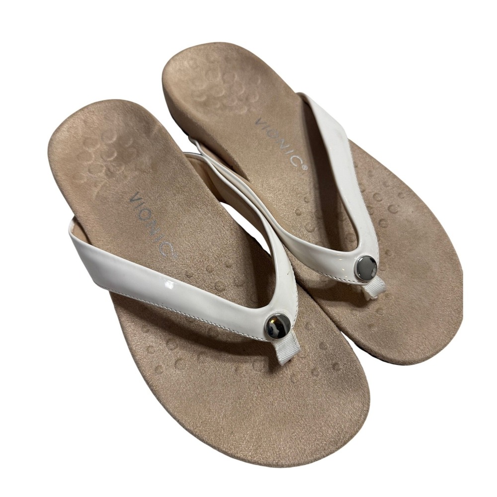 Vionic Davina Thong Sandals Womens 8 White Orthotic Comfort Flip Flops Beach